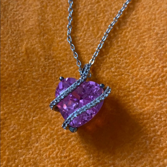 Lab created Pink and White Sapphire Heart necklace - Picture 4 of 13